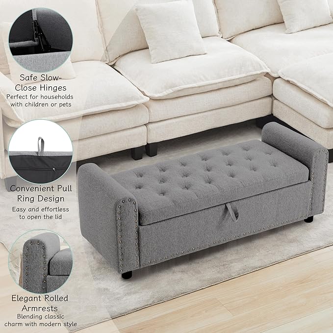 Ottoman with Storage, Tufted Storage Bench for Bedroom, 48" Fabrics End of Bed Bench, Upholstered Entryway Shoe Benches with Rolled Arm &amp; Inner Zipper, Window Ottomans Chest with Rivets, Drak Grey