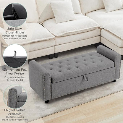Ottoman with Storage, Tufted Storage Bench for Bedroom, 48" Fabrics End of Bed Bench, Upholstered Entryway Shoe Benches with Rolled Arm &amp; Inner Zipper, Window Ottomans Chest with Rivets, Drak Grey