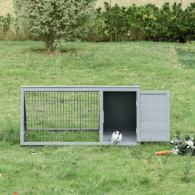 PawHut 46" x 24" Wooden A-Frame Outdoor Rabbit Hutch, Small Animal Cage, Bunny Hutch with Outside Run &amp; Ventilating Wire, Gray