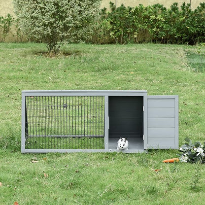 PawHut 46" x 24" Wooden A-Frame Outdoor Rabbit Hutch, Small Animal Cage, Bunny Hutch with Outside Run &amp; Ventilating Wire, Gray