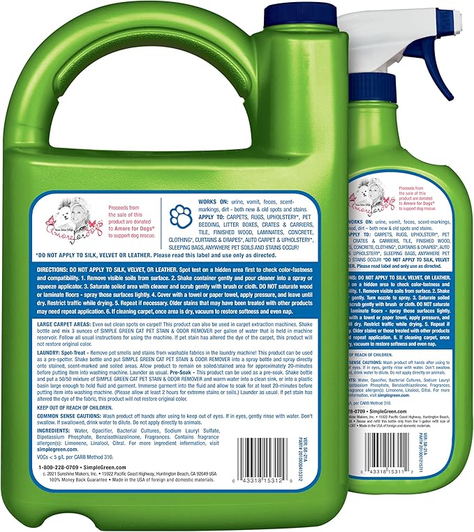 Simple Green Cat Stain &amp; Odor Remover - Enzyme Cleaner for Cat Urine, Feces, Blood, Vomit (32 oz Sprayer &amp; 1 gallon Refill)