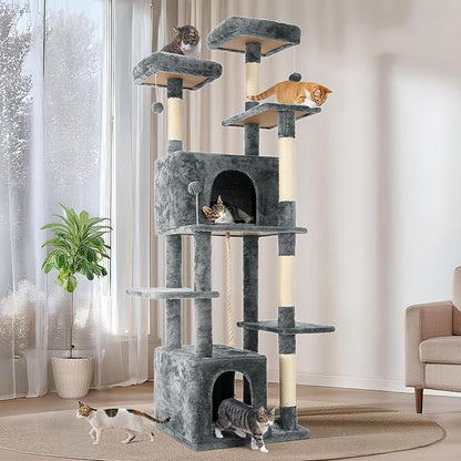 69in Large Cat Tree Tower for Indoor Cats with Soft Plush Hang Ball, Two Condos, Sisal Scratch Posts &amp; Rope Play for Kittens/Adult Cats, Grey