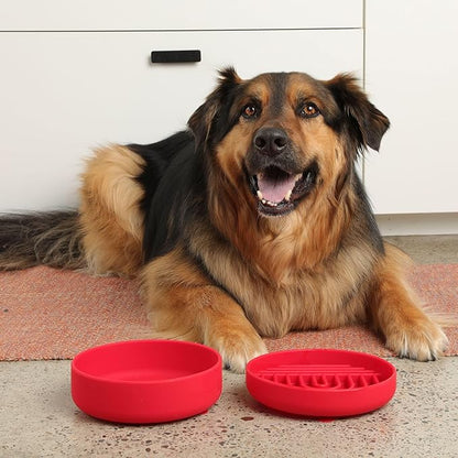The Slowdown Bowl Silicone Slow Feeder for Dogs &amp; Puppies, Slow Eating, Modern Lick Mat Design, Reduces Gulping, Fits 2 Cups 7.5” Across x 1.5” Tall, Mealtime Challenge, Medium-Cherry