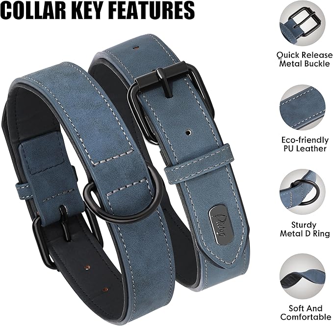 Didog Soft Padded PU Leather Dog Collar, Breathable and Adjustable Dog Collars for Small Dogs, Comfortable for Daily Walk, Blue, M Fit Neck 12-15"(13-22 lbs)