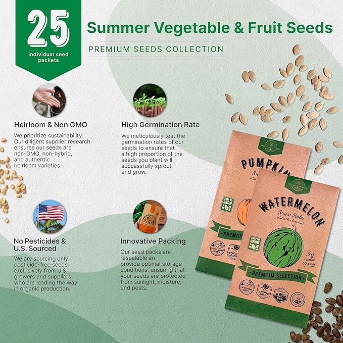 25 Summer Vegetable &amp; Fruit Seeds Variety Pack - 1,870+ Non-GMO Heirloom Veggie &amp; Fruits Seeds for Outdoors and Indoor Home Gardening, Including Collards, Tomato, Pepper, Okra, Onion, Bean, Cucumber