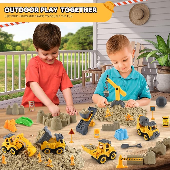 Asoxt 43-Piece Construction Sensory Playset – 2 lbs Play Sand, 4 DIY Trucks, Crane &amp; Road Signs – Creative Sandbox Toy for Kids Ages 3+