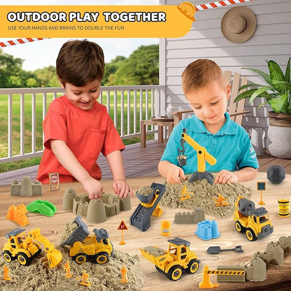 Asoxt 43-Piece Construction Sensory Playset – 2 lbs Play Sand, 4 DIY Trucks, Crane &amp; Road Signs – Creative Sandbox Toy for Kids Ages 3+
