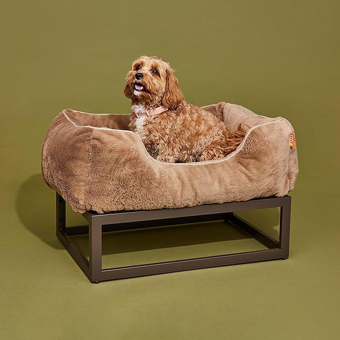 FUZI Luxury Aesthetic Dog Bed with Extra Cover for Medium Dogs, Washable Pet Couch, Pet Bed with Sides, Non-Slip Bottom, Soft &amp; Durable Calming Bed, Faux Rabbit Fur, Medium 31.75x23.6x9.5 Light Brown