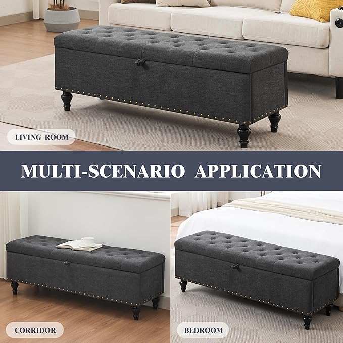 Mangodan51” Linen End of Bed Storage Bench, Tufetd Upholstered Storage Ottoman Bench with Safety Hinge, 330 lb Large Ottoman with Storages for Living Room, Entryway &amp; Bedroom, Window Benches, Grey