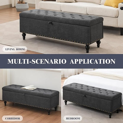 Mangodan51” Linen End of Bed Storage Bench, Tufetd Upholstered Storage Ottoman Bench with Safety Hinge, 330 lb Large Ottoman with Storages for Living Room, Entryway &amp; Bedroom, Window Benches, Grey