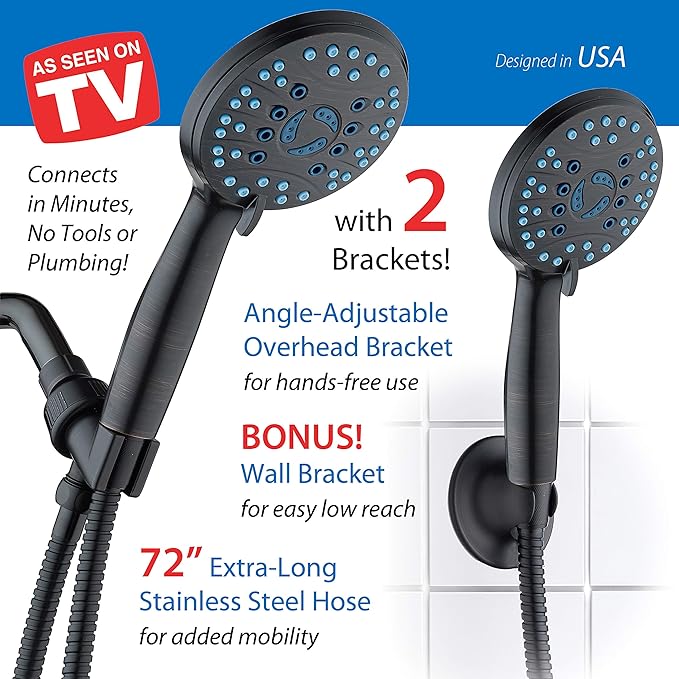 Hotel Spa AquaCare High Pressure 8-mode Handheld Shower Head, Anti-clog Nozzles - Built-in Power Wash to Clean Tub, Tile &amp; Pets, Extra Long 6 ft. Stainless Steel Hose, Wall &amp; Overhead Brackets