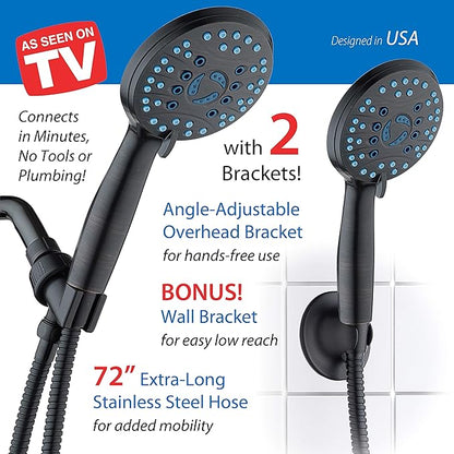 Hotel Spa AquaCare High Pressure 8-mode Handheld Shower Head, Anti-clog Nozzles - Built-in Power Wash to Clean Tub, Tile &amp; Pets, Extra Long 6 ft. Stainless Steel Hose, Wall &amp; Overhead Brackets