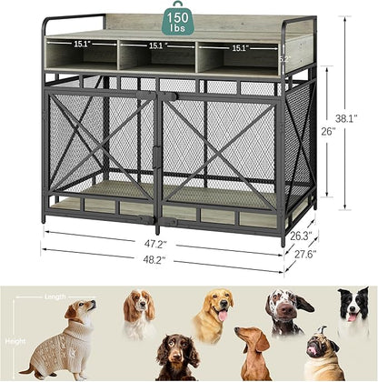 Dog Crate Furniture, 48" Heavy Duty Wooden Dog Crate End Table, XL Dog Kennel Furniture Large Breed, Decorative Dog Kennel Indoor with 3 Drawers &amp; Steel Tubes 48" L x28 W x38 H (Grey)