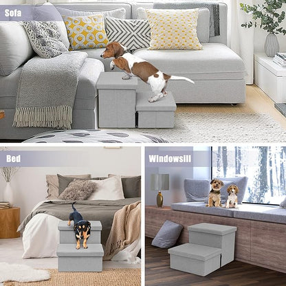 Heeyoo Dog Stairs with Storage, Foldable Dog Steps for Small Dogs, 2 Tiers Non-Slip Pet Stairs for High Beds Or Couch and Sofa, Hold up to 150 lbs Pet Doggy Cat