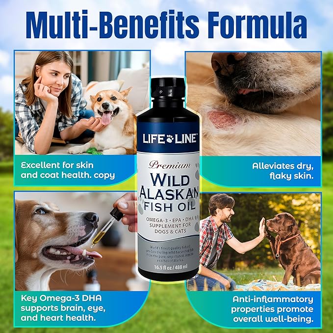 Life Line Pet Nutrition Wild Alaskan Fish Oil Omega-3 Supplement for Skin &amp; Coat – Supports Brain, Eye &amp; Heart Health in Dogs &amp; Cats, 16.5oz