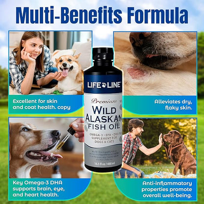 Life Line Pet Nutrition Wild Alaskan Fish Oil Omega-3 Supplement for Skin &amp; Coat – Supports Brain, Eye &amp; Heart Health in Dogs &amp; Cats, 16.5oz