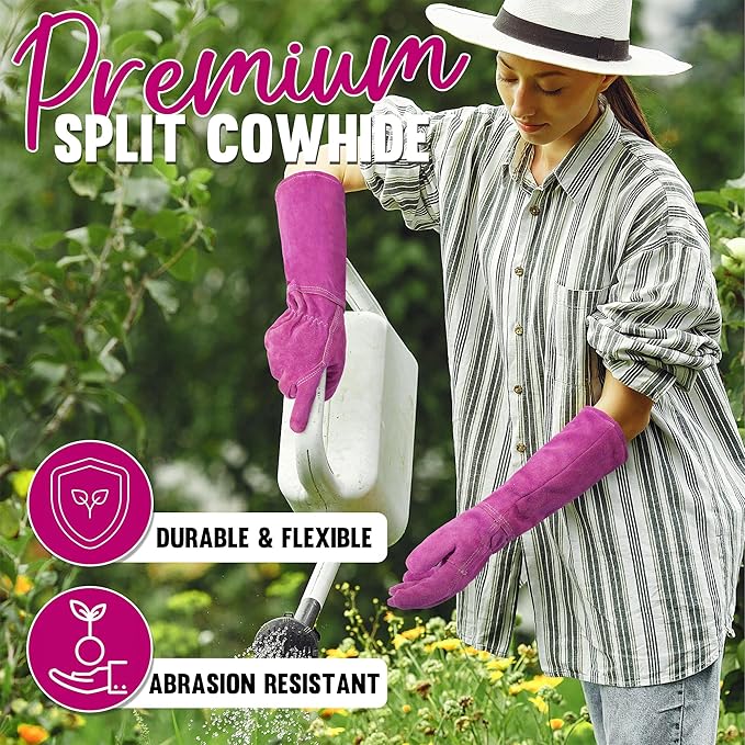 HANDLANDY Ladies Leather Gardening Gloves, Thorn Proof Women Rose Pruning Garden Yard Glove, Heavy Duty Long Sleeve Gloves (Small, Rosy)