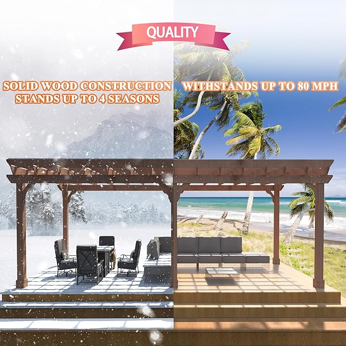 MUPATER 12x20 FT Retratable Wooden Pergola Gazebo for Patio Stakes, Quality Supported Structure, Snow and Wind Supported, Outdoor Pergola Garden Shelter Cedar Framed for Backyard,Deck,Garden