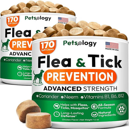 (2 Pack) Flea and Tick Prevention for Dogs Pills - 340 Chews - Natural Dog Flea &amp; Tick Control - Oral Defense Treatment for Dogs Supplement - Vet Formulated - All Breeds &amp; Ages - Made in USA