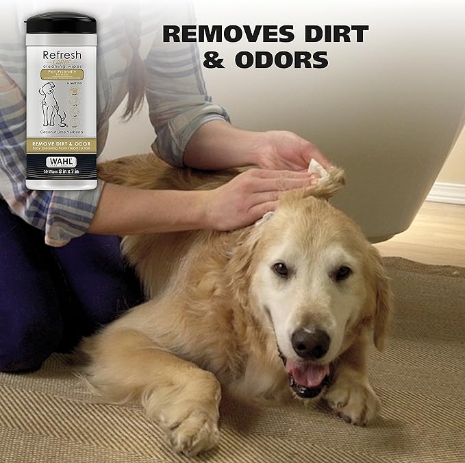 Wahl USA Pet Refresh Cleaning Wipes for All Dog Breeds - Use on Ears, Nose, Paws, Bottom, &amp; Sensitive Areas - 50 Wipes - Model 820017A