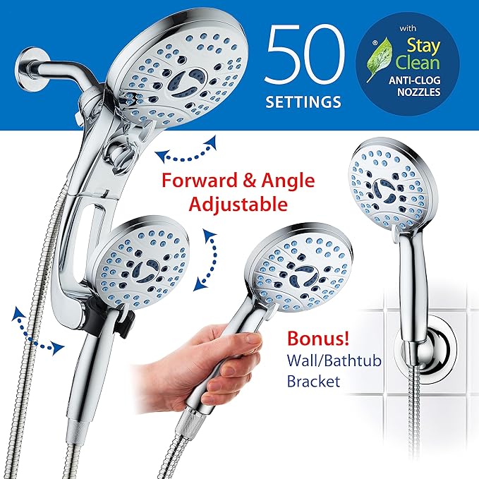 Hotel Spa AquaCare As-Seen-On-TV High Pressure Handheld/Rain 50-mode 3-way Shower Head Combo with Adjustable Arm - Anti-clog Nozzles, Tub &amp; Pet Power Wash, 6 ft. Hose, All Chrome Finish