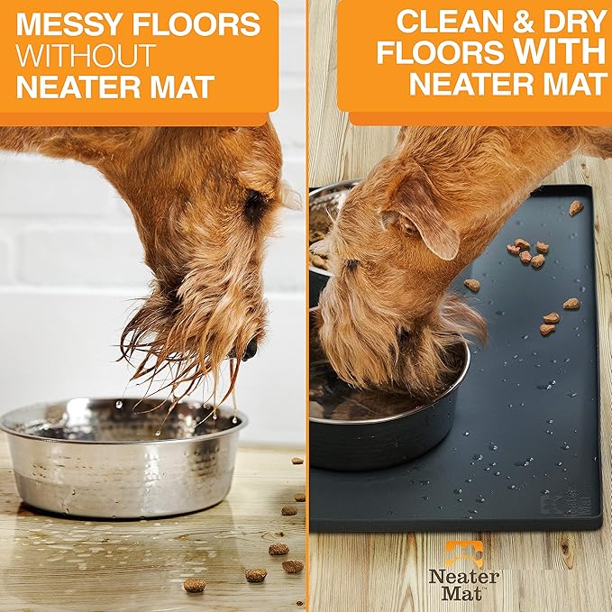 Neater Pet Brands Neater Mat Pet Mats for Food and Water, Cat &amp; Dog Bowl Mat Waterproof Silicone, Feeding Tray, Dog Food Mats for Floors, Placemat w/Raised Edge for Under Bowls, 19” x 12”, Black
