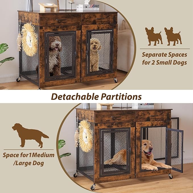 43" Large Dog Crate Furniture, Wood Dog Kennel End Table with Drawers, Decorative Pet Crate with Removable Partitions &amp; Wheels, Dog House Indoor for Large/Medium/Small Dogs
