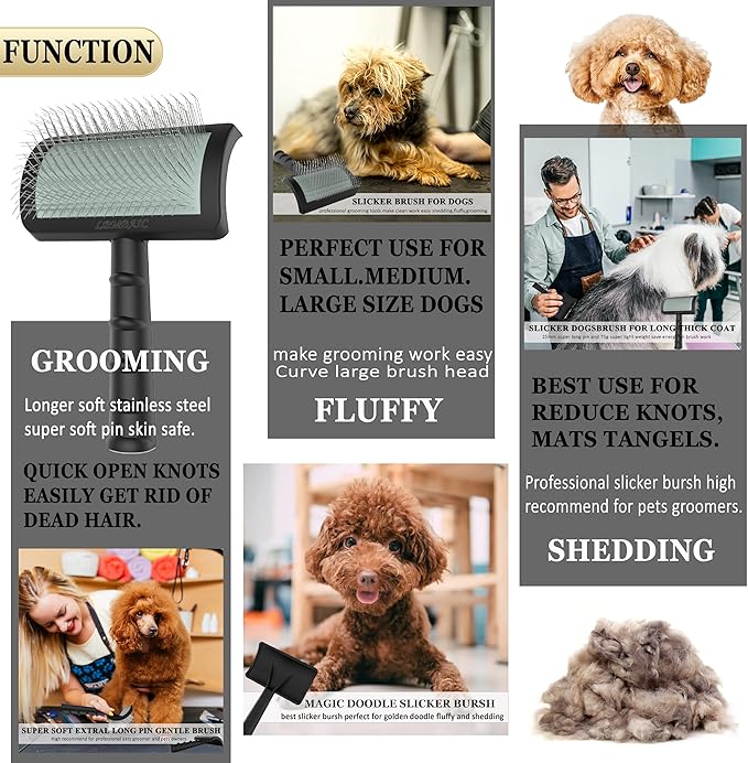 Dog Slicker Brush for Poodles,Doodles,Goldendoodles Grooming Fluffy Shedding Tangles Mats Knots Easy and Quick Best Dog Slicker Brush for Long Thick Curly Coat Labradoodles Dematting.25mm(1&