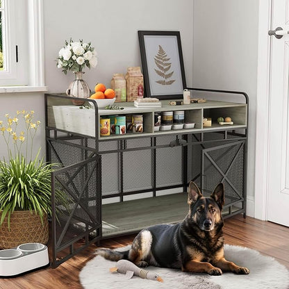 Dog Crate Furniture, 48" Heavy Duty Wooden Dog Crate End Table, XL Dog Kennel Furniture Large Breed, Decorative Dog Kennel Indoor with 3 Drawers &amp; Steel Tubes 48" L x28 W x36 H (Grey)