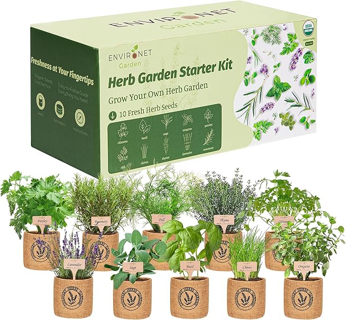 10 Indoor Herb Garden Kit- Burlap Pots, Organic Seeds, Herb Garden Planter Indoor Kit, Easy Window &amp; Kitchen Herbs Growing Kit, Cilantro, Basil, Sage, Oregano, Parsley, Dill, Chives etc.