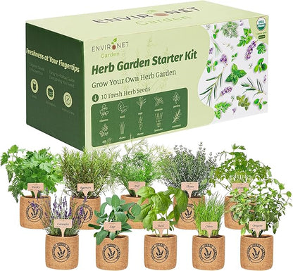 10 Indoor Herb Garden Kit- Burlap Pots, Organic Seeds, Herb Garden Planter Indoor Kit, Easy Window &amp; Kitchen Herbs Growing Kit, Cilantro, Basil, Sage, Oregano, Parsley, Dill, Chives etc.