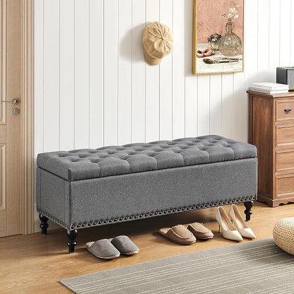 Ottoman with Storage,50.2-inch Upholstered End of Bed Storage Bench for Bedroom,for The Living Room,for Entryway, with Rivets &amp; Button and Safety Hinges,Detachable (Grey)