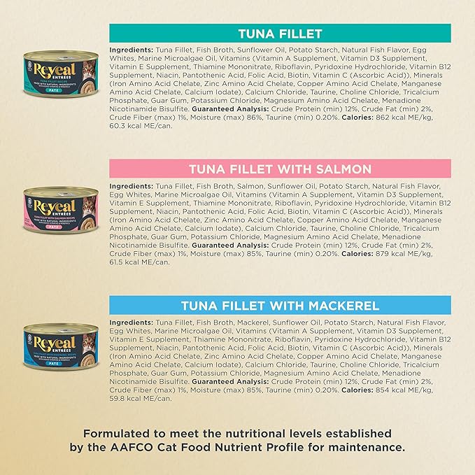 Reveal Entrées Natural Wet Cat Food Paté, Grain-Free with Added Vitamins &amp; Minerals, Carrageenan-Free Fish Variety Selection Paté (12 x 2.47 oz Cans)