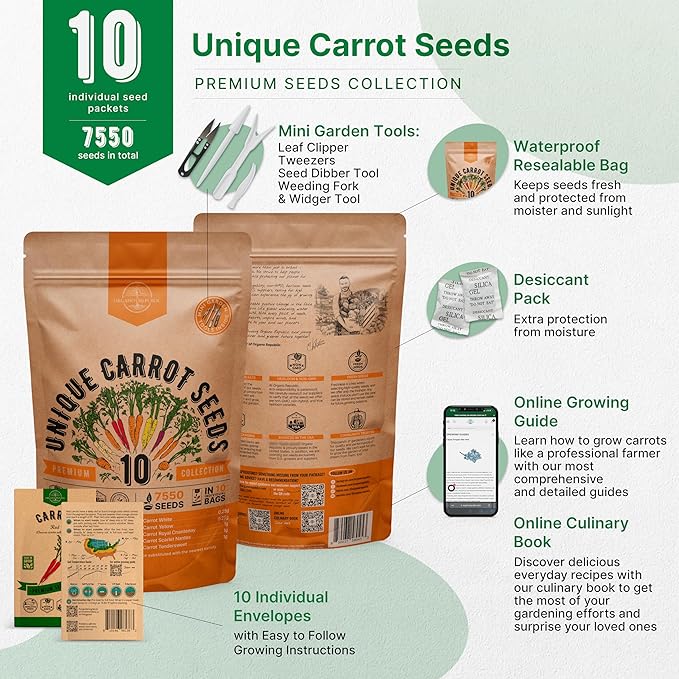 Organo Republic 10 Unique Carrot Seeds Variety Pack - 7,550+ Non-GMO Heirloom Carrot Seeds for Outdoor &amp; Indoor Home Gardening, Including Carrot Imperator 58, Little Fingers, Scarlet Nantes, Parisian