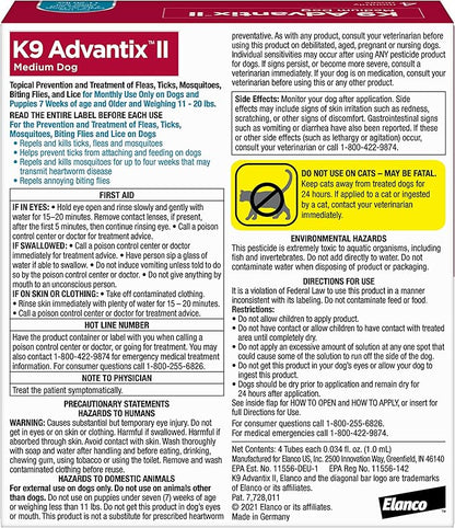 K9 Advantix II Medium Dog Vet-Recommended Flea, Tick &amp; Mosquito Treatment &amp; Prevention | Dogs 11-20 lbs. | 4-Mo Supply (Pack of 2)