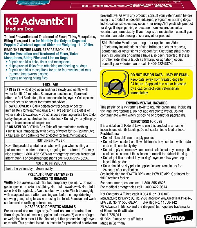 K9 Advantix II Medium Dog Vet-Recommended Flea, Tick &amp; Mosquito Treatment &amp; Prevention | Dogs 11-20 lbs. | 4-Mo Supply
