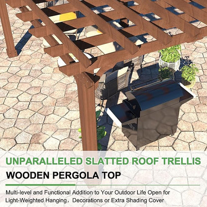 MUPATER 10×10 FT Wooden Pergola with Roof, Wood Pergola Kit with Stakes, Outdoor Shelter Structure for Climbing Plant Support, All-Season Durability, Shade for Patio, Backyard, Deck, Lawn