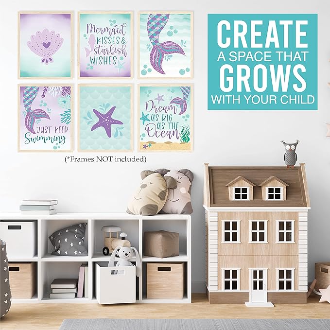 Hadley Designs 6 Mermaid Wall Decor – Reversible Magical Mermaid Wall Art for Nursery &amp; Bathroom, Under the Sea Unframed Ocean-Themed Room Decor Prints for Girls&