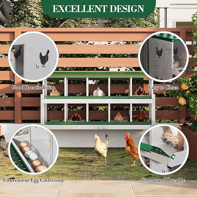 10 Hole Chicken Nesting Box with Roll Out Egg Tray, Rustproof &amp; Ventilated Chicken Laying Boxes for Hens, Chickens, Ducks | Easy-Clean Poultry Coop Accessories, Green with Stand