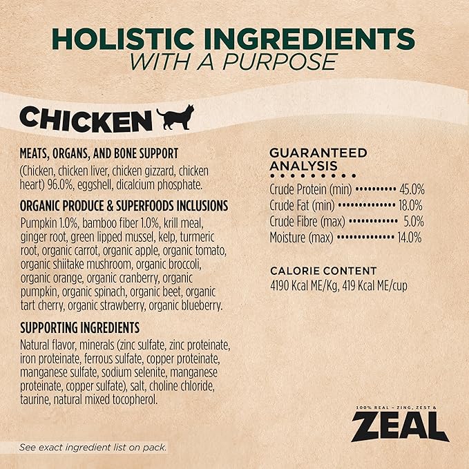 ZEAL Canada Air-Dried Cat Food Chicken Recipe - High Protein, Natural Superfoods, Nutrient Rich, No Fillers, Grain Free, Complete &amp; Balanced (Chicken, 14.1 oz)