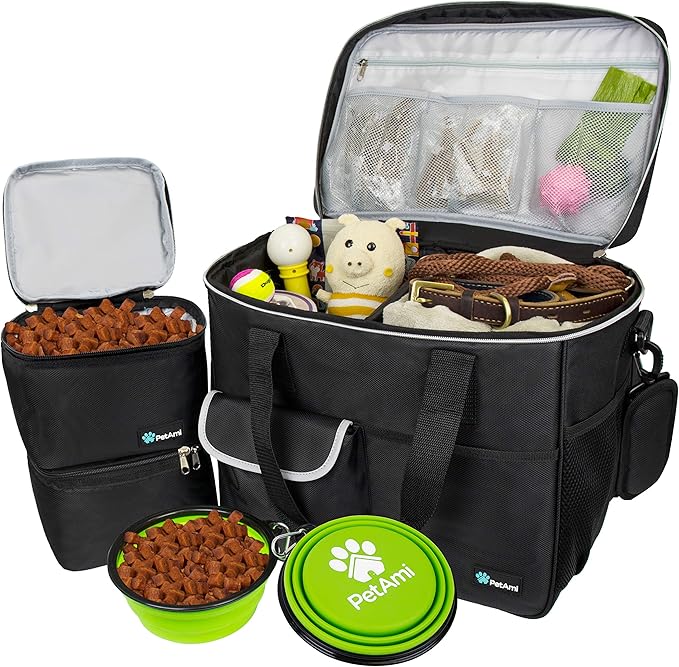 PetAmi Dog Travel Bag - Organizer with Food Container, Bowls &amp; Accessories for Weekend Camping, Cat Diaper Bag (Black, Large)