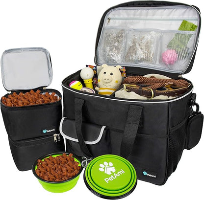 PetAmi Dog Travel Bag - Organizer with Food Container, Bowls &amp; Accessories for Weekend Camping, Cat Diaper Bag (Black, Large)