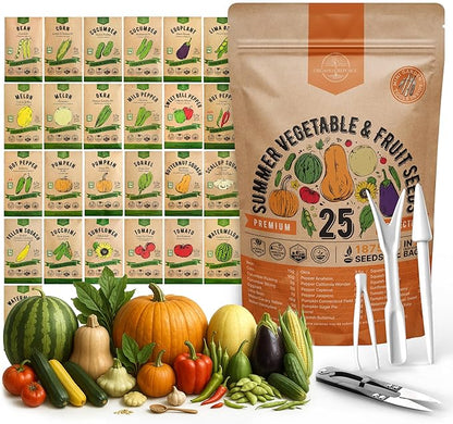25 Summer Vegetable &amp; Fruit Seeds Variety Pack - 1,870+ Non-GMO Heirloom Veggie &amp; Fruits Seeds for Outdoors and Indoor Home Gardening, Including Collards, Tomato, Pepper, Okra, Onion, Bean, Cucumber