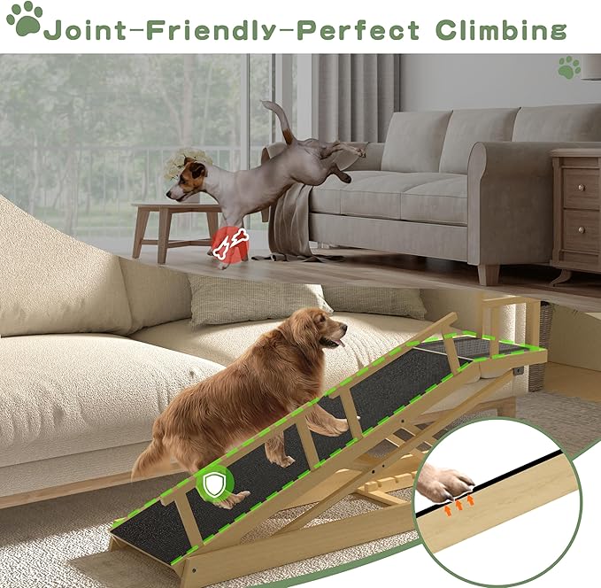 6 Level Height Adjustable Dog Ramp for Bed, Couch 65" Foldable Pet Ramp with Non-Slip Mat，DIY Glow Strips &amp; Rest Platform Heavy Duty Dog Stairs for Large Dogs up to 200Lbs ，Wood Color