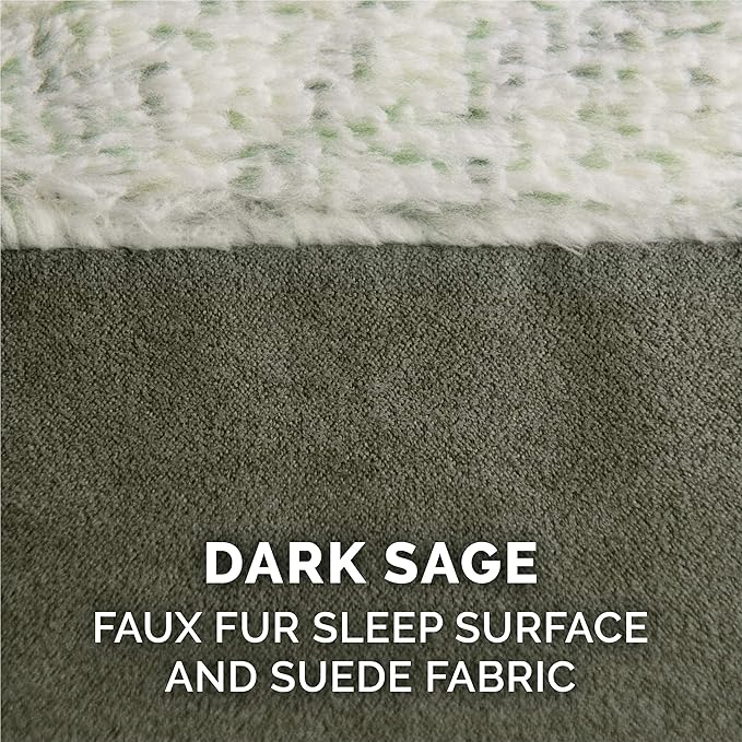 Furhaven Cooling Gel Dog Bed for Large/Medium Dogs w/ Removable Bolsters &amp; Washable Cover, For Dogs Up to 55 lbs - Two-Tone Plush Faux Fur &amp; Suede L Shaped Chaise - Dark Sage, Large