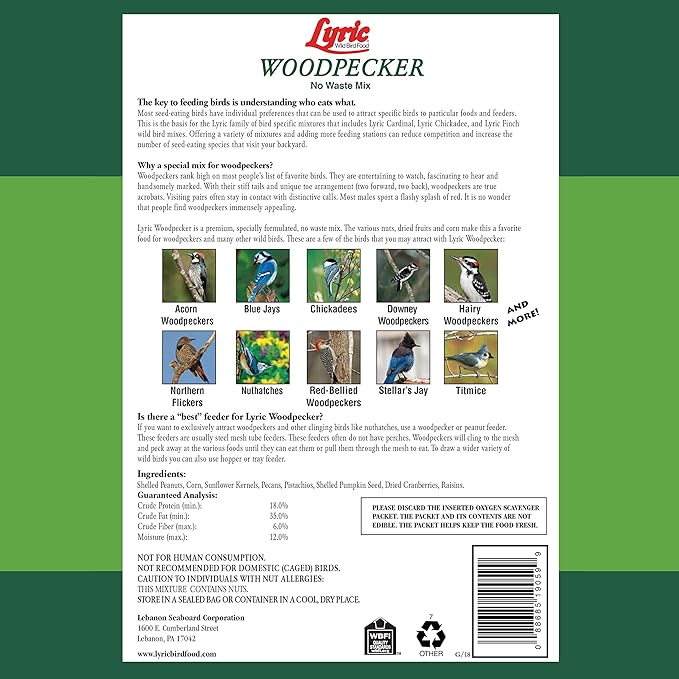 Lyric Woodpecker Wild Bird Seed, No Waste Bird Seed with Nuts, Dried Fruit &amp; Shelled Seeds - 5 lb. Bag
