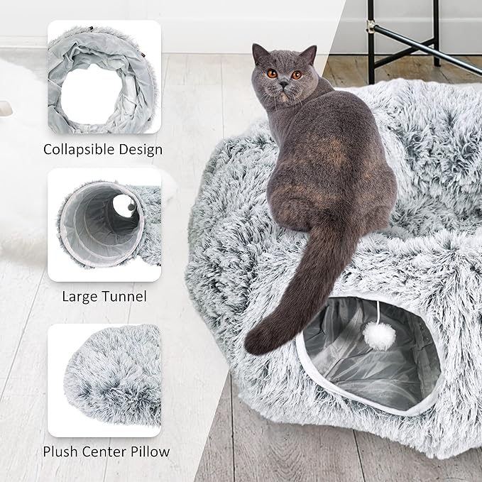 Cat Donut Bed with Washable Cushion – Cat Caves for Indoor Cats – Collapsible Donut Bed with Peekaboo Pet Tunnel &amp; Tunnel Toy – Cozy Hideout for Kittens, Ferrets, Rabbits &amp; Dogs – Grey