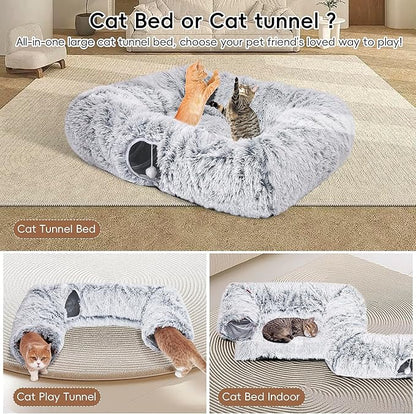 Extra Large Cat Tunnel Bed, 4 Ways Tunnels for Indoor Cats, Multi-cat Family Peekaboo Cave &amp; Cat Bed, Plush Cat Donut with Washable Middle Mat, Exit Balls, Pet Play Toy for Kitten Puppy Rabbit