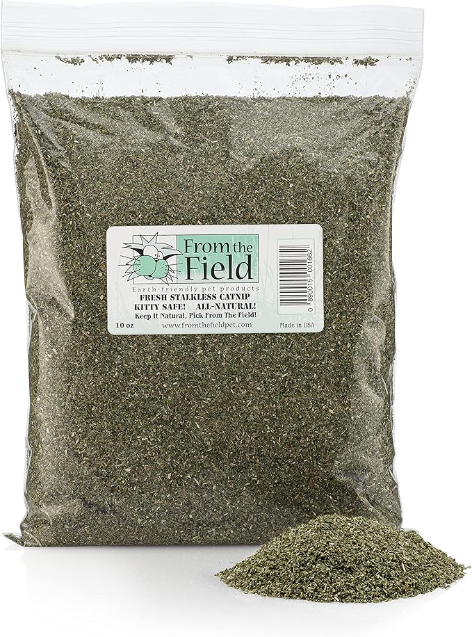 from The Field | Fine Ground Stalkless Catnip | Premium USA-Grown Catnip for Toys &amp; Playtime | Fresh, Potent, Non-Toxic, Eco-Friendly | Safe for Kittens &amp; Cats | Resealable 10 Oz Bag