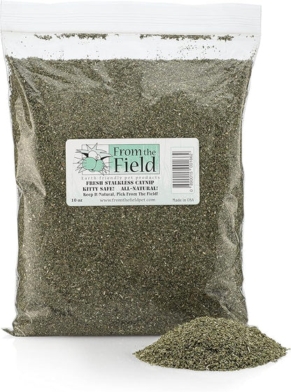 from The Field | Fine Ground Stalkless Catnip | Premium USA-Grown Catnip for Toys &amp; Playtime | Fresh, Potent, Non-Toxic, Eco-Friendly | Safe for Kittens &amp; Cats | Resealable 10 Oz Bag